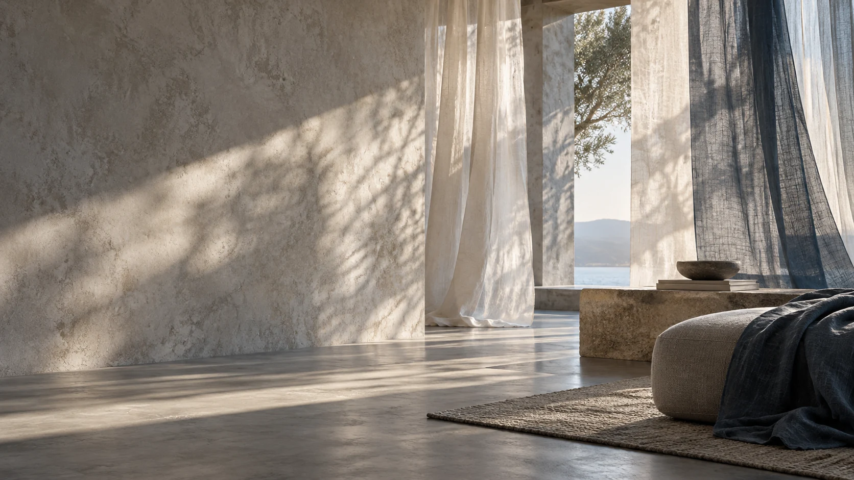 Sala imaginária de pedra clara com cortinas de linho, tecido azul e sombras de folhas.